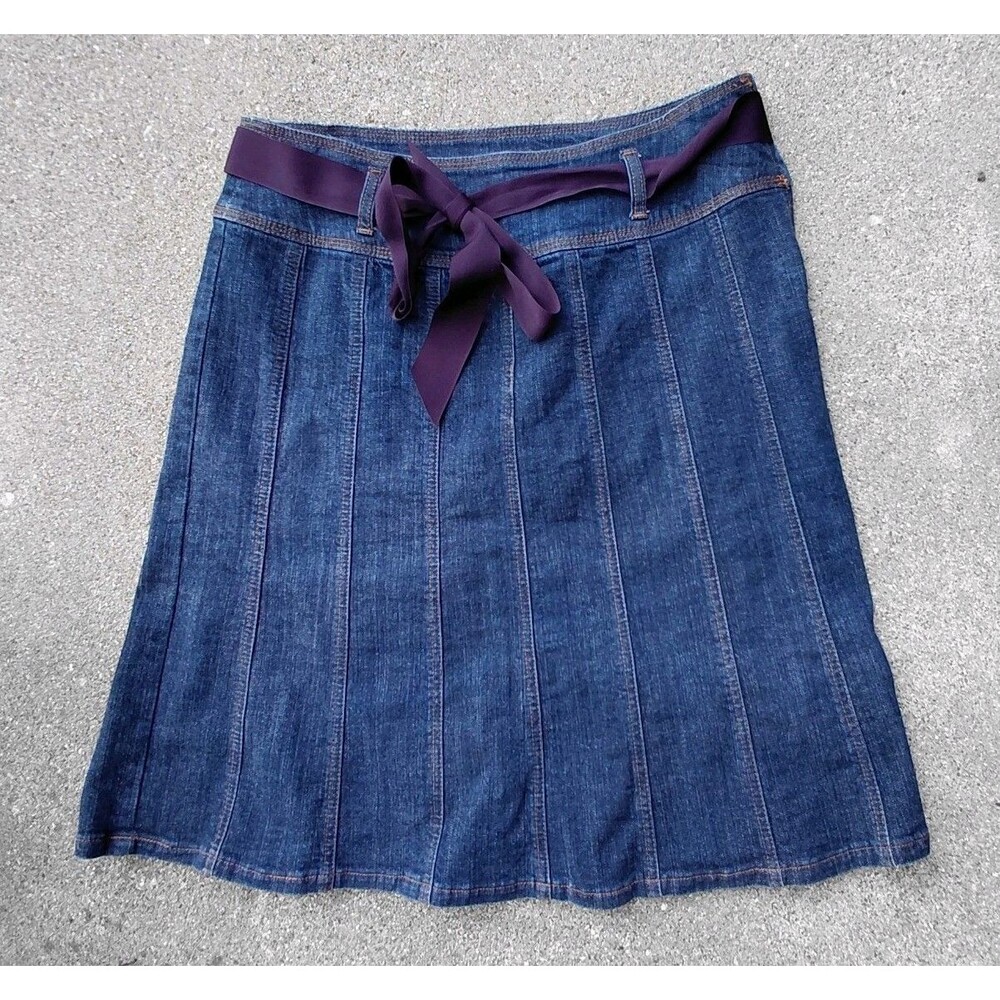 Axcess Liz Claiborne A-Line Skirt Womens 10 Blue Denim Boho Stretch Belted Bow